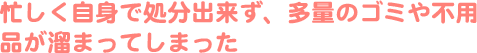 忙しく自身で処分出来ず、多量のゴミや不用品が溜まってしまった